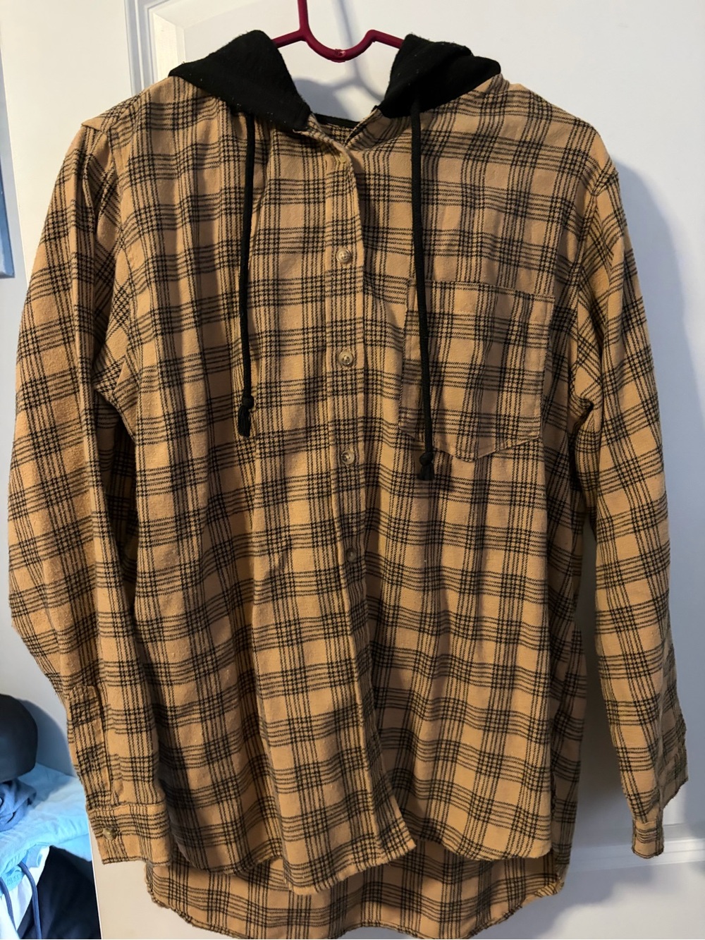 Women’s  Tan Plaid Hooded Flannel Shirt Jacket